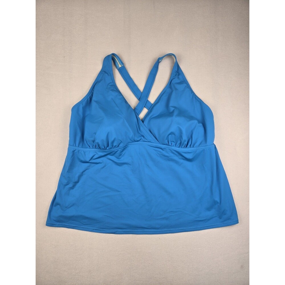 Lands End Plus Tankini Swim Top 24W Blue Surplice V-Neck Crossback Molded Cup